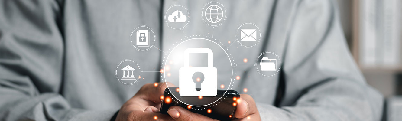 A cyber security concept, man holding phone updating his information